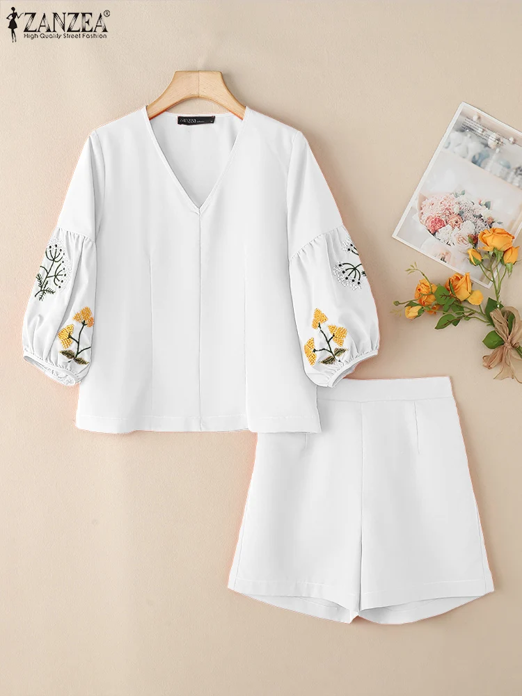 2PCS Women Summer Short Sets ZANZEA Holiday Suits Casual Matching Sets O Neck 3/4 Sleeve Embroidery Blouse Solid Shorts Oversize
2PCS Women Summer Short Sets ZANZEA Holiday Suits Casual Matching Sets O Neck 3/4 Sleeve Embroidery Blouse Solid Shorts Oversize
