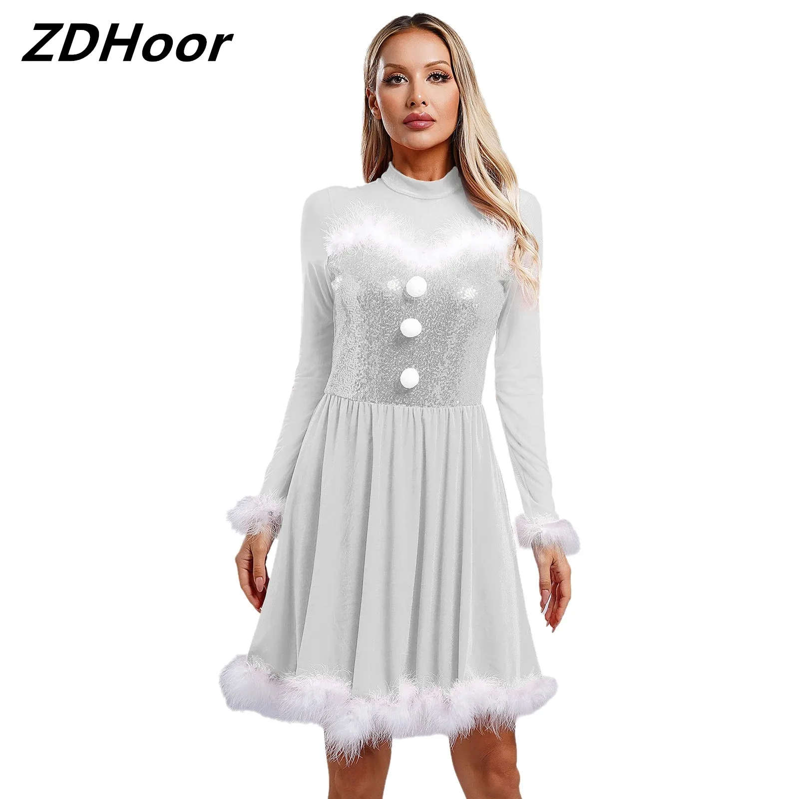 Womens Sequin Mrs Claus Dress Christmas Long Sleeve Pompom Fuzzy Feather Trim A-line Dress with Briefs for Dress-up Party
Womens Sequin Mrs Claus Dress Christmas Long Sleeve Pompom Fuzzy Feather Trim A-line Dress with Briefs for Dress-up Party