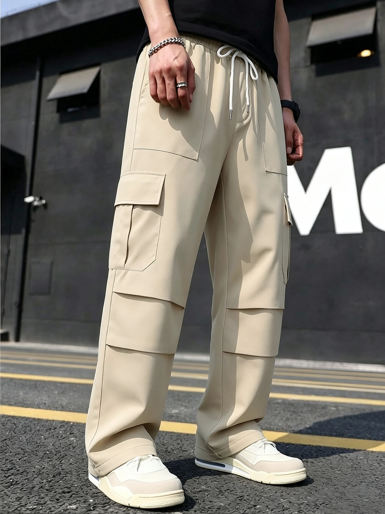 Men's Khaki Workwear Wide-Leg Pants with Large Side Patch Pockets, White Drawstring Elastic Waist, Drapey Pleated Straight-Leg Pants, Lightweight Breathable All-Season Versatile Workwear Pants for Commuting and Outdoor Activities
Men's Khaki Workwear Wide-Leg Pants with Large Side Patch Pockets, White Drawstring Elastic Waist, Drapey Pleated Straight-Leg Pants, Lightweight Breathable All-Season Versatile Workwear Pants for Commuting and Outdoor Activities