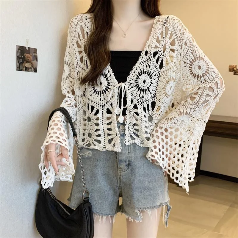 Hollow Out Tie-Front Flare Sleeve Crochet Boho Cardigan Women Summer Casual V-neck See Through Cover Up Beige Cotton Lace Shirts
Hollow Out Tie-Front Flare Sleeve Crochet Boho Cardigan Women Summer Casual V-neck See Through Cover Up Beige Cotton Lace Shirts