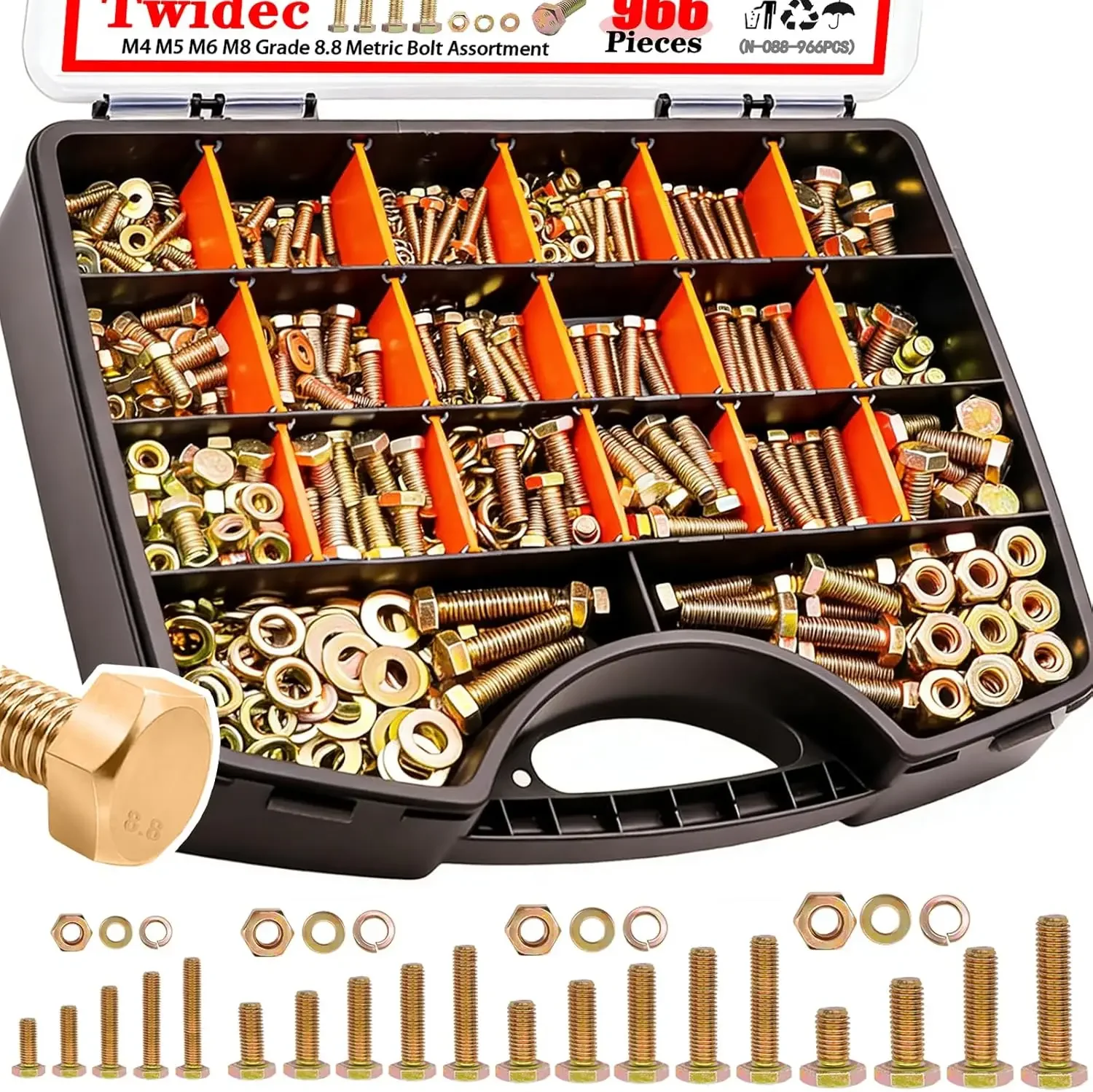 966PCS Metric Bolt Assortment, Grade 8.8 Hex Head Bolts and Nuts Kit, M4-M8, Zinc Plated with Storage Case
966PCS Metric Bolt Assortment, Grade 8.8 Hex Head Bolts and Nuts Kit, M4-M8, Zinc Plated with Storage Case