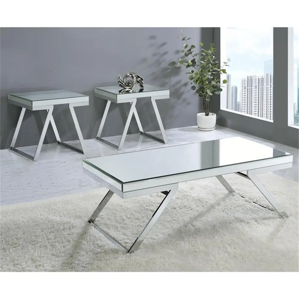 Contemporary 3-Piece Coffee Table Set with Mirrored Tops and Chrome Bases
Contemporary 3-Piece Coffee Table Set with Mirrored Tops and Chrome Bases
