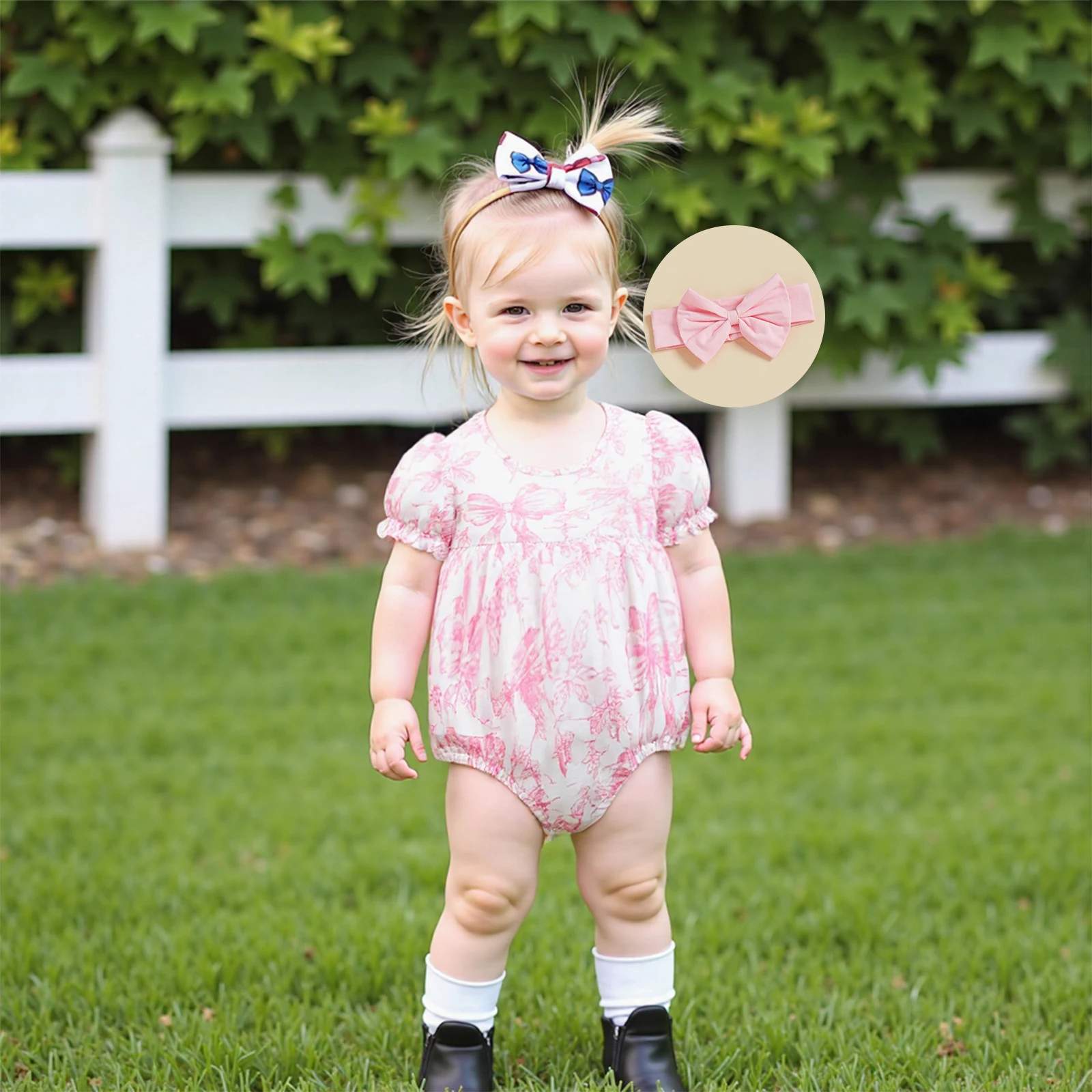 Baby Girl Bow Print Romper Bubble Ruffle Sleeve Bodysuit with Bow Headband Cute Summer Girls Clothes 2Pcs Set
Baby Girl Bow Print Romper Bubble Ruffle Sleeve Bodysuit with Bow Headband Cute Summer Girls Clothes 2Pcs Set