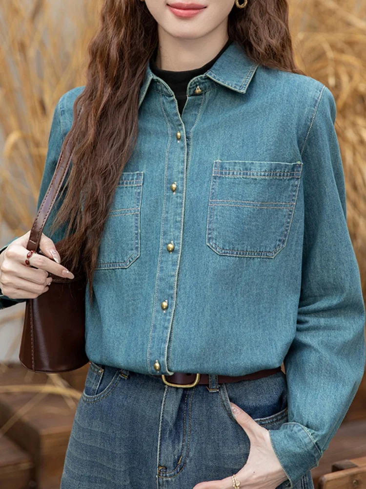 Retro Hong Kong Sle Soft Denim irt Women's Innerwear Outerwear Autumn Winter New Loose Layering irt oulder Level Top
Retro Hong Kong Sle Soft Denim irt Women's Innerwear Outerwear Autumn Winter New Loose Layering irt oulder Level Top