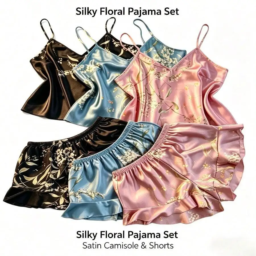 Silky Floral Pajama Set Satin Camisole And Shorts For Women
Silky Floral Pajama Set Satin Camisole And Shorts For Women
