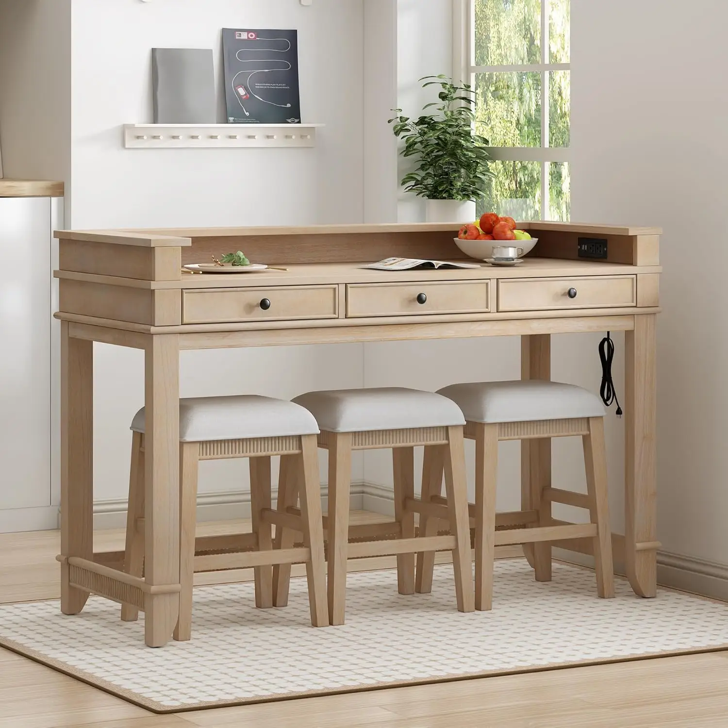 4-Piece Dining Bar Table Set With 3 Padded Stools, Counter Height Table Set With Charging Station And Storage Drawers,
4-Piece Dining Bar Table Set With 3 Padded Stools, Counter Height Table Set With Charging Station And Storage Drawers,