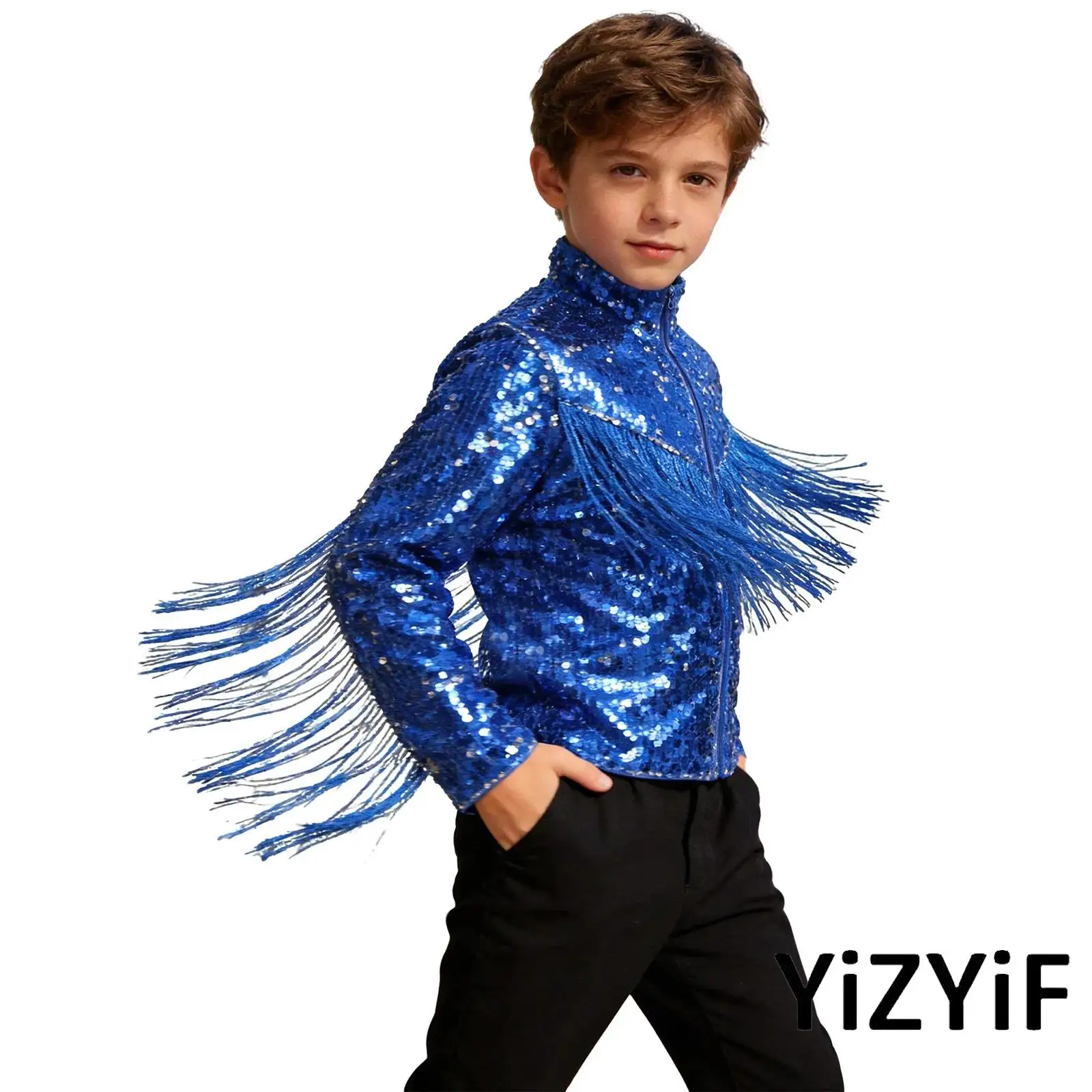 Kids Boys Jazz Latin Dance Jacket Sequin Tassel Long Sleeve Mock Neck Front Zipper Fringe Coat Outerwear Cowboy Disco Dance Top
Kids Boys Jazz Latin Dance Jacket Sequin Tassel Long Sleeve Mock Neck Front Zipper Fringe Coat Outerwear Cowboy Disco Dance Top