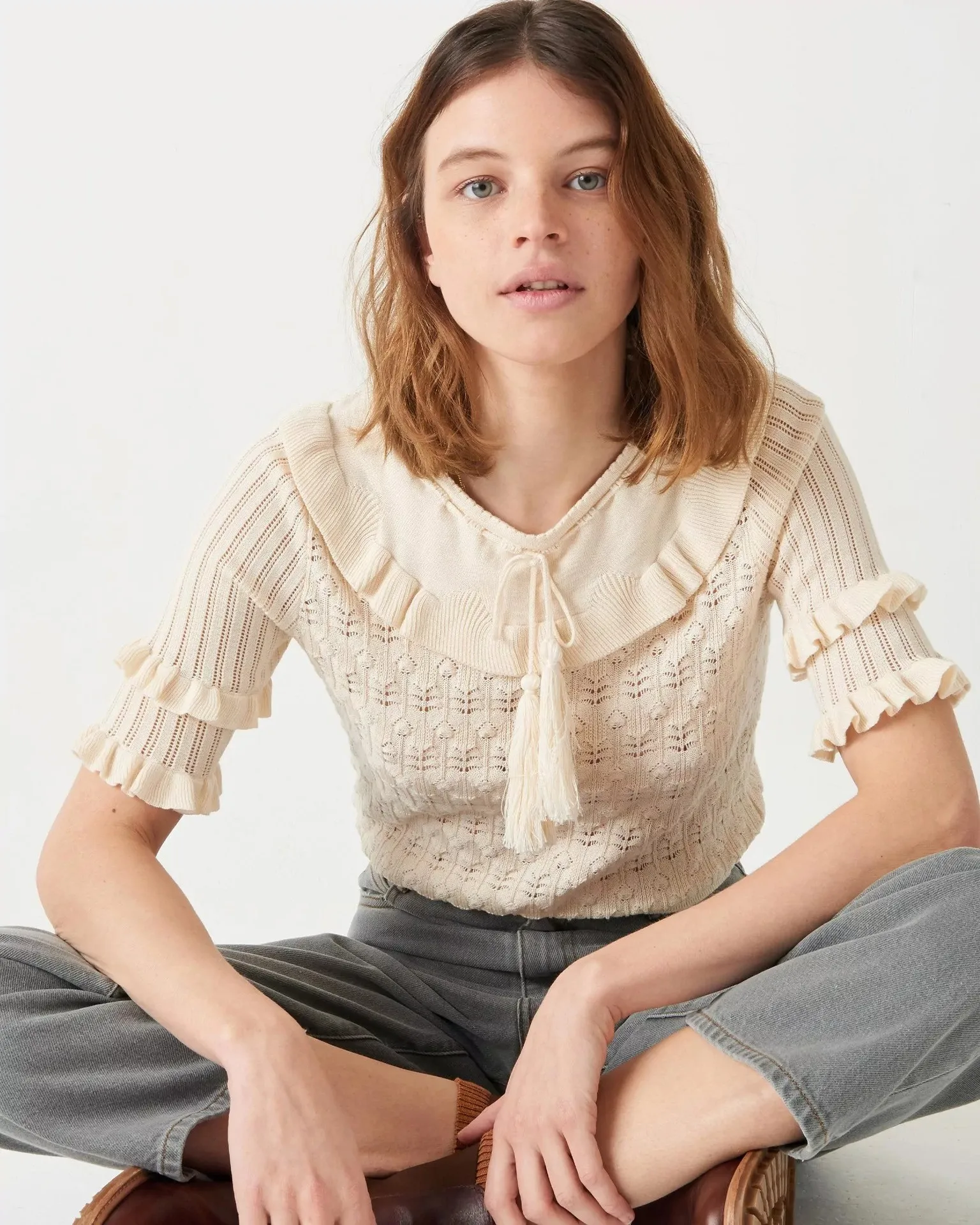 2025 Sezanes Fashion New French Retro Ruffle Hollow Knit Short Sleeve Tops Women Slim Knit t-shirt Summer
2025 Sezanes Fashion New French Retro Ruffle Hollow Knit Short Sleeve Tops Women Slim Knit t-shirt Summer
