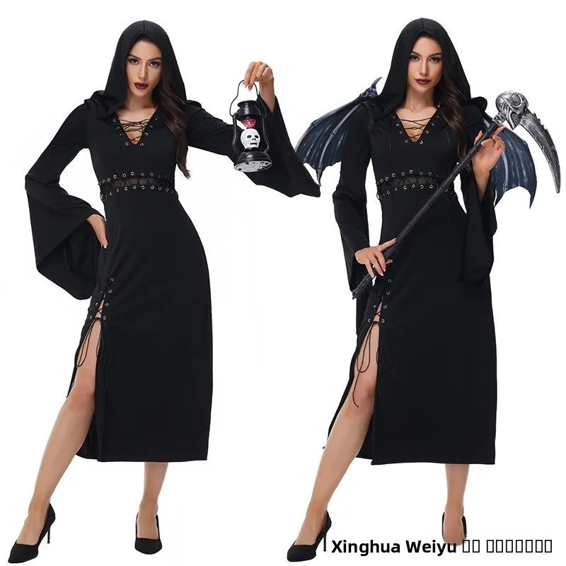 Готический черный длинный костюм на Хэллоуин, женский наряд ведьмы невесты, трансграничный костюм Sle k, тематический костюм феи
Готический черный длинный костюм на Хэллоуин, женский наряд ведьмы невесты, трансграничный костюм Sle k, тематический костюм феи