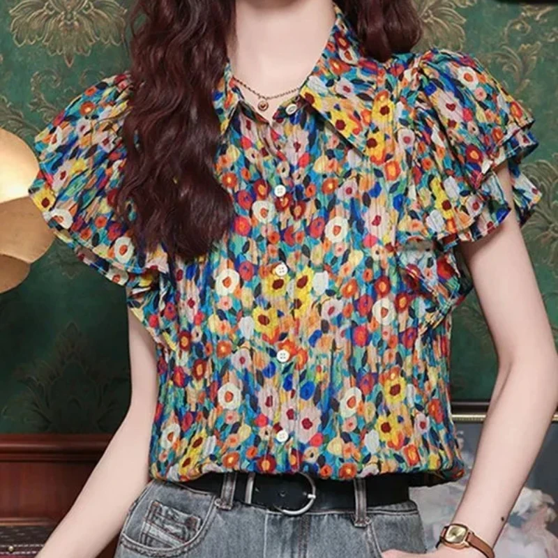 Colorful Floral Print Women Shirt With Ruffled Flying Sleeves Loose Fit Boho Style Casual Summer Top
Colorful Floral Print Women Shirt With Ruffled Flying Sleeves Loose Fit Boho Style Casual Summer Top