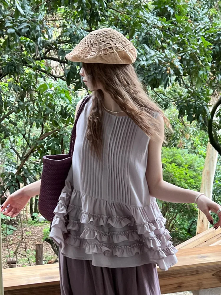 96-104cm Bust Summer Purple Shirts Tops Women French Elegant Loose Heavy-duty Tuck Pleat Tops With Ear-shaped Lace Blouses
96-104cm Bust Summer Purple Shirts Tops Women French Elegant Loose Heavy-duty Tuck Pleat Tops With Ear-shaped Lace Blouses