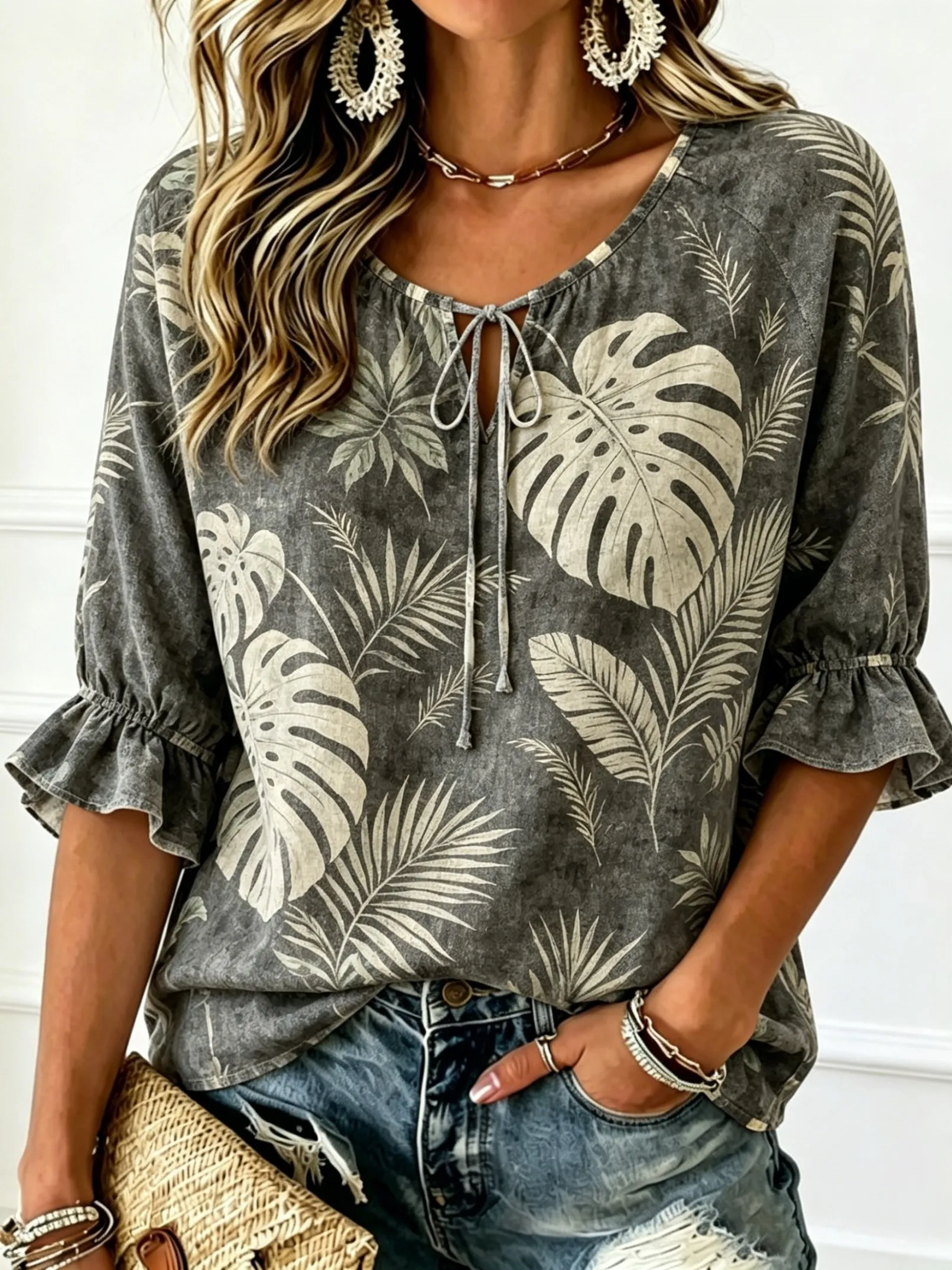 Women's Tie Keyhole Neck Blouse, Dark Gray Washed Vintage Monstera Palm Leaf Print, Loose Fit for Spring Summer Daily Outfits
Women's Tie Keyhole Neck Blouse, Dark Gray Washed Vintage Monstera Palm Leaf Print, Loose Fit for Spring Summer Daily Outfits