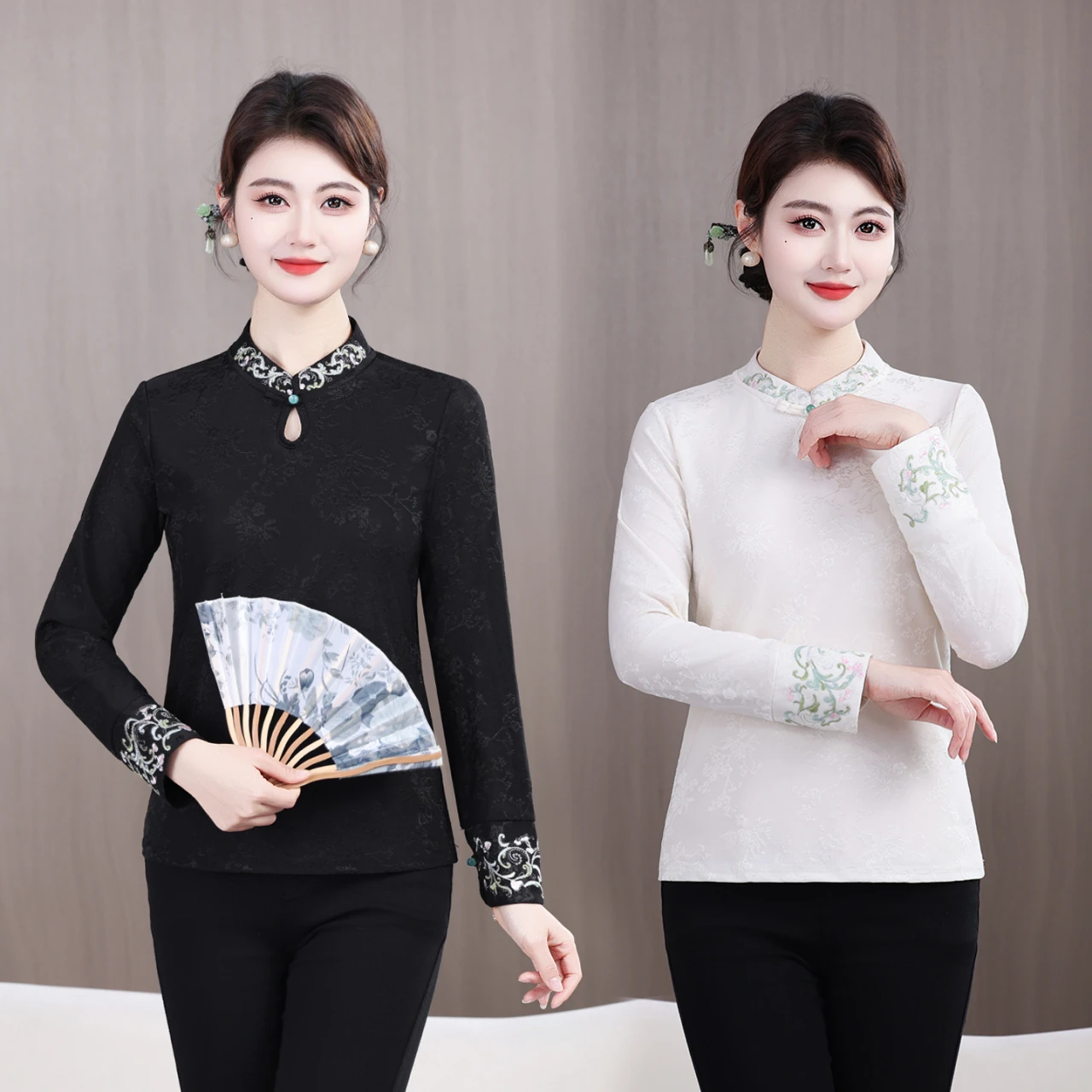 Women Retro Asian style Button Fashion cheongsam embroidery Solid Color Versatile Casual Long-sleeved Top
Women Retro Asian style Button Fashion cheongsam embroidery Solid Color Versatile Casual Long-sleeved Top