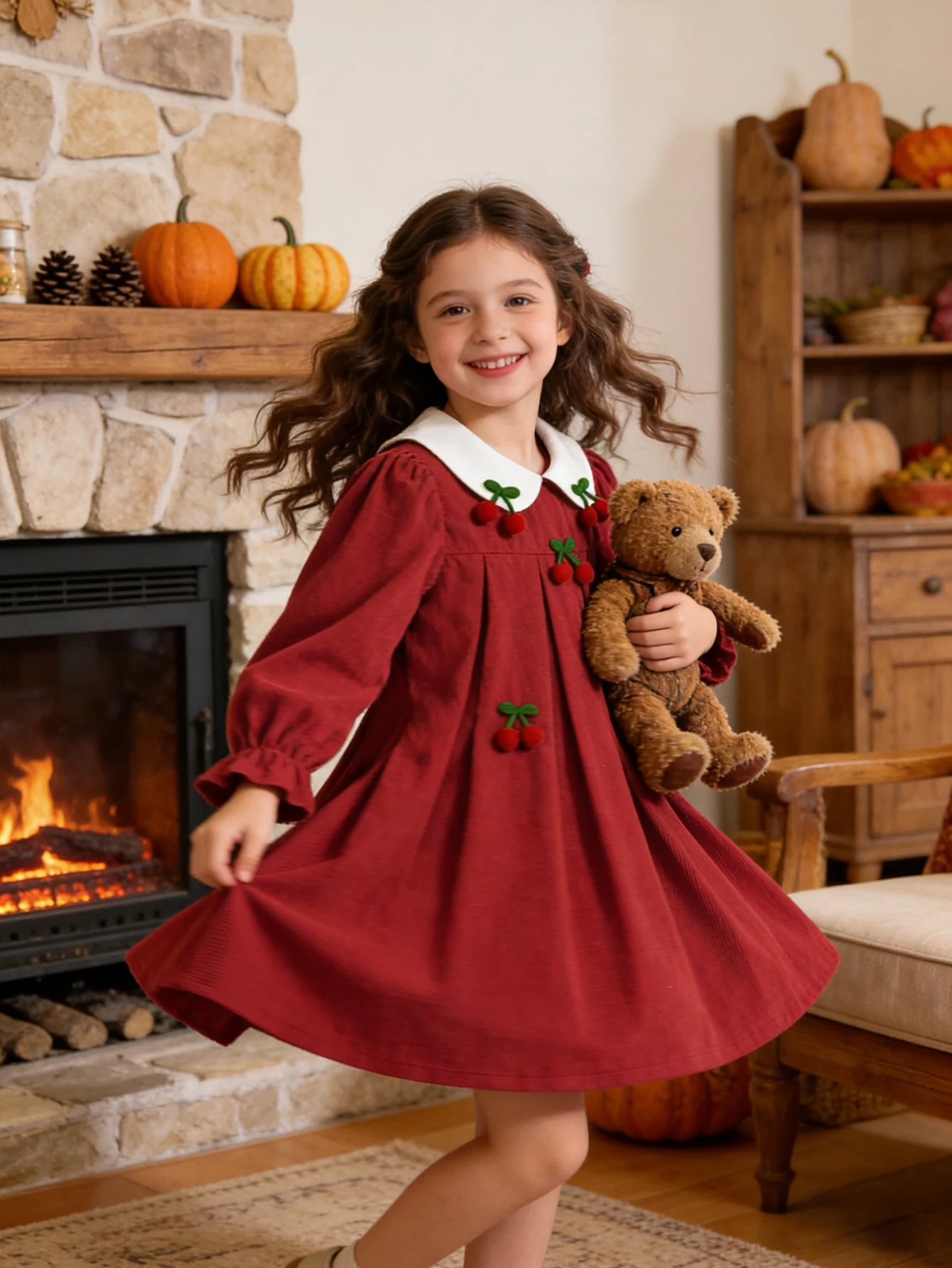 Girls' solid color dress with contrasting Peter Pan collar and cherry decoration sweet and loose A-line skirt for daily parties
Girls' solid color dress with contrasting Peter Pan collar and cherry decoration sweet and loose A-line skirt for daily parties