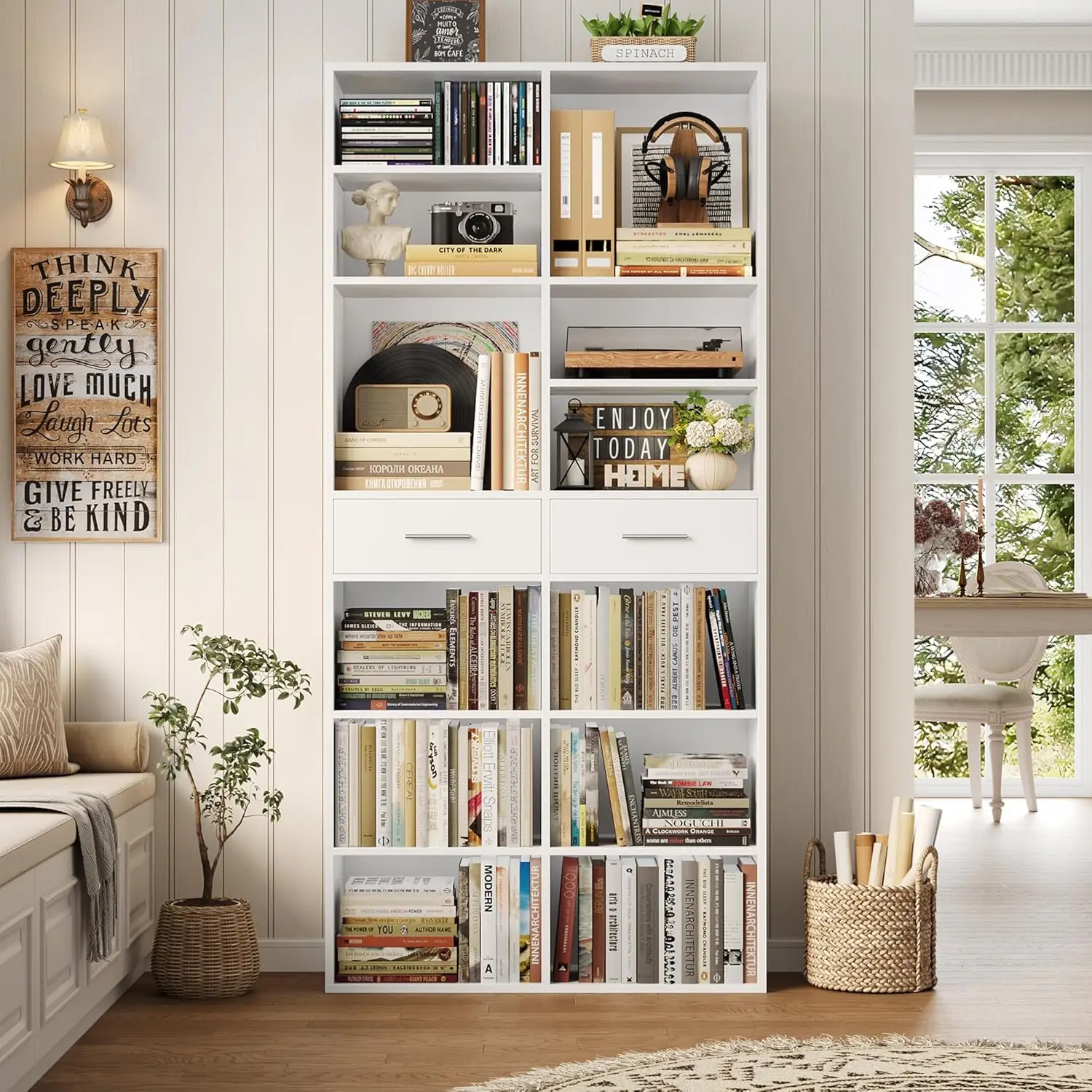 73" Tall Bookshelf with Drawers, 7-Tier White Bookshelf with Storage, Double Wide Bookcase with 14 Open Book, Customized
73" Tall Bookshelf with Drawers, 7-Tier White Bookshelf with Storage, Double Wide Bookcase with 14 Open Book, Customized
