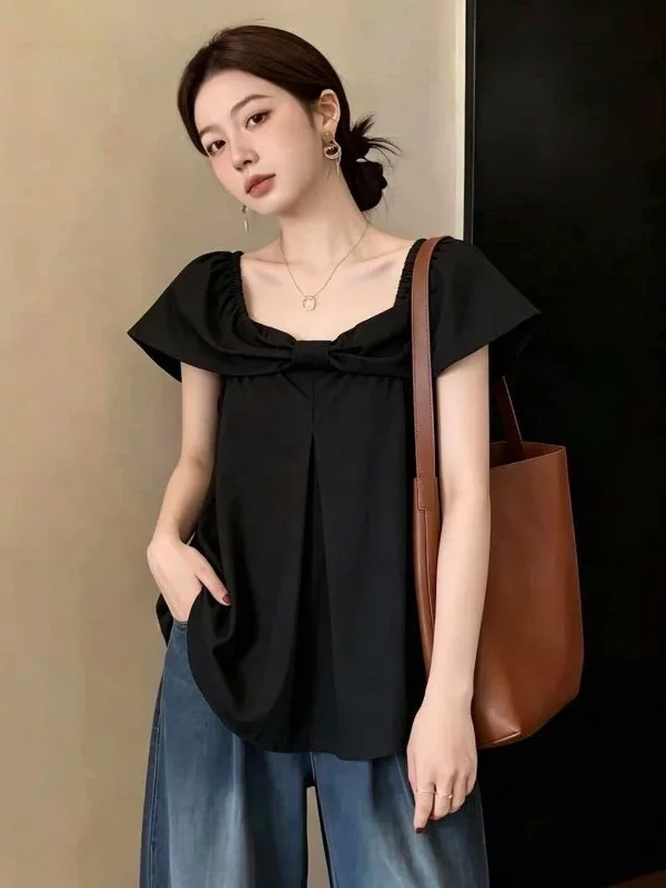 Elegant Black Square Collar Short Sleeve Women's Shirt Korean Style Casual Slimming Top Large Size Doll Shirt Commute Wear
Elegant Black Square Collar Short Sleeve Women's Shirt Korean Style Casual Slimming Top Large Size Doll Shirt Commute Wear