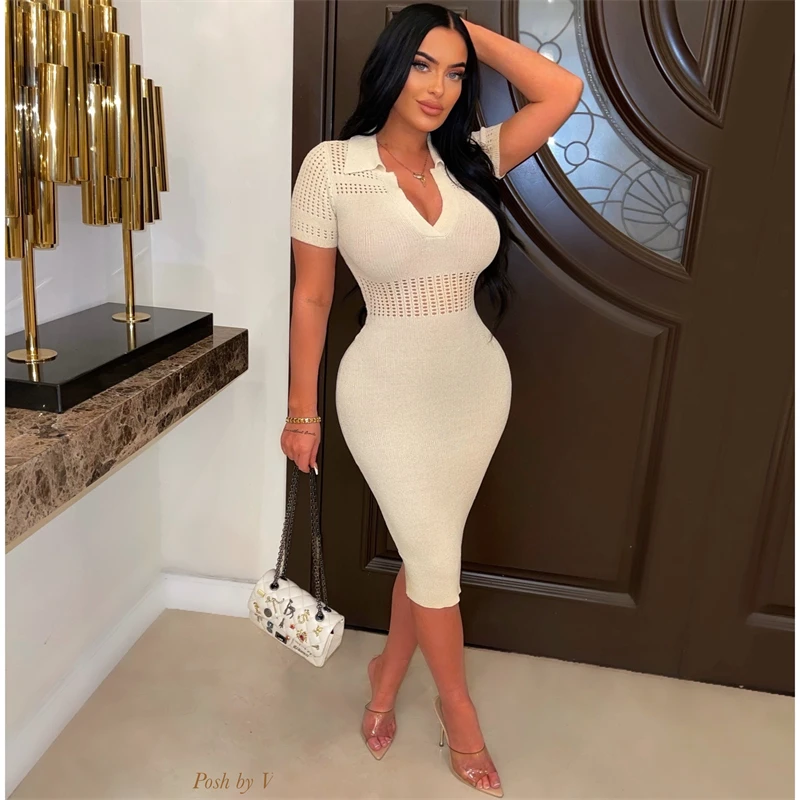 Chic Stretchy Ice Silk Knit Dress Women Sexy Solid Hollow Out Turn Down Collar V Neck Short Sleeve Bodycon Midi Casual Dresses
Chic Stretchy Ice Silk Knit Dress Women Sexy Solid Hollow Out Turn Down Collar V Neck Short Sleeve Bodycon Midi Casual Dresses