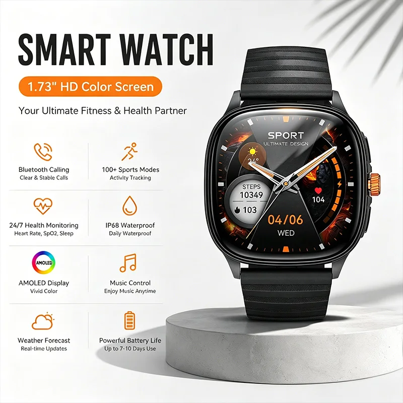 New Bluetooth Calling Smart Watch IP68 Waterproof Voice Assistant 1.73 Inches Music Sports Mode Health Management Smart Watch
New Bluetooth Calling Smart Watch IP68 Waterproof Voice Assistant 1.73 Inches Music Sports Mode Health Management Smart Watch