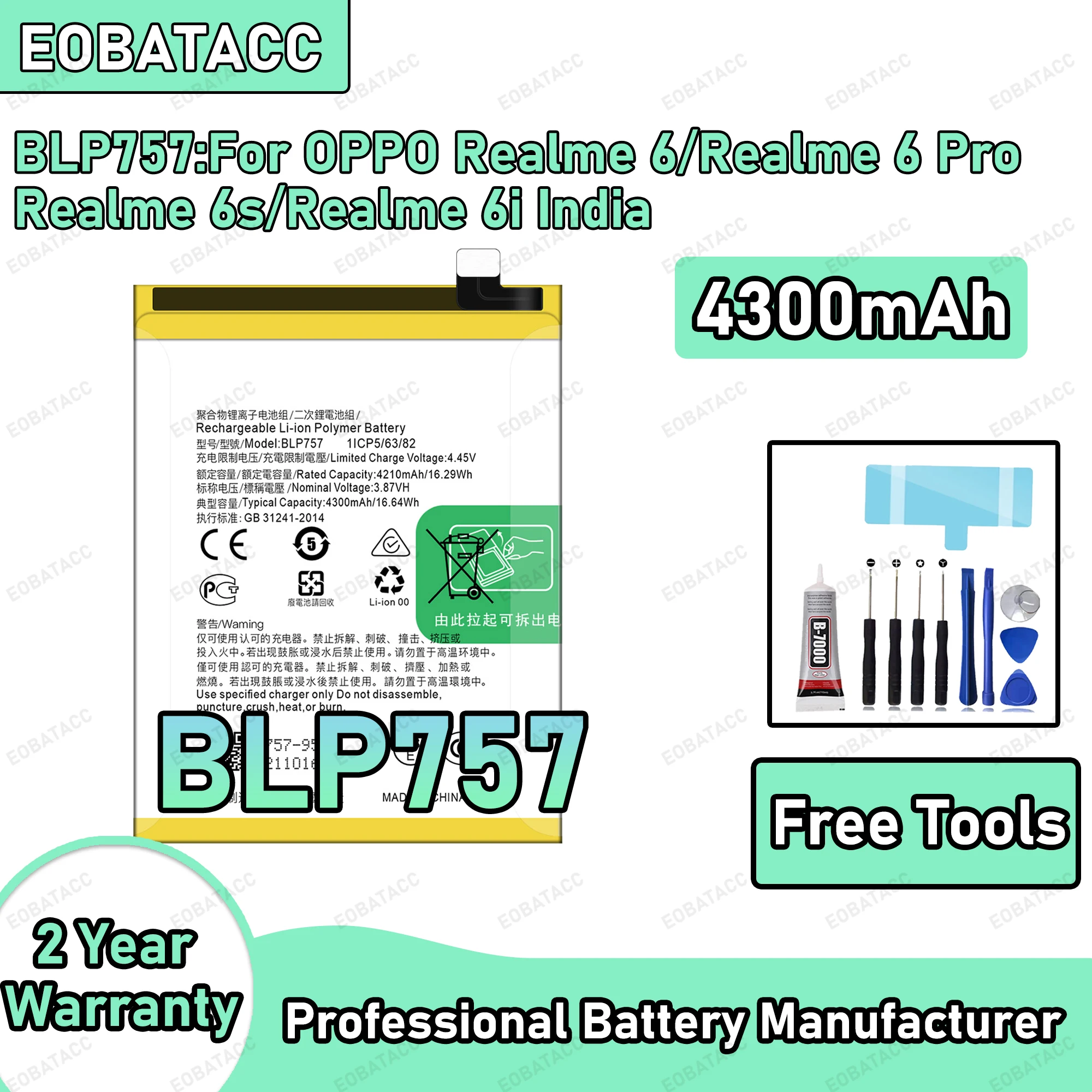4300mAh 100% New BLP757 Battery For OPPO Realme 6/Realme 6 Pro/Realme 6s Replacement Bateria+Free Tools
4300mAh 100% New BLP757 Battery For OPPO Realme 6/Realme 6 Pro/Realme 6s Replacement Bateria+Free Tools