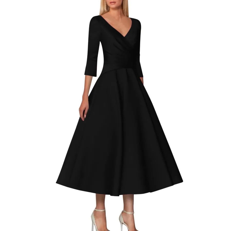 【New style】European and American - V-neck temperament middle-sleeve dress pure color simple evening dress large swing waist wai
【New style】European and American - V-neck temperament middle-sleeve dress pure color simple evening dress large swing waist wai