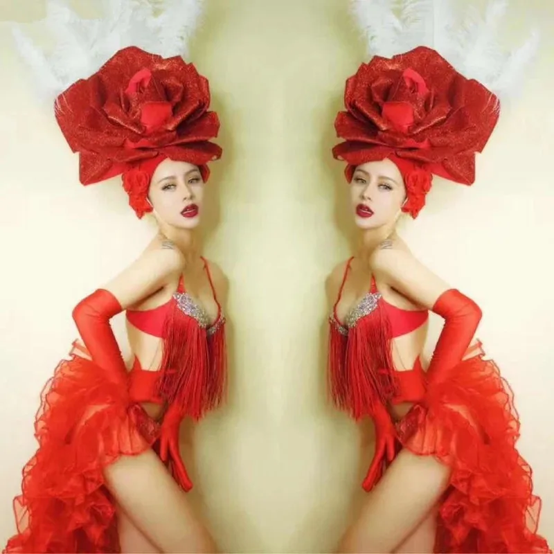 Sexy Female Stage Wear Red Flower Headgear Crystal Tassel Bikini Tail Dance Outfit Bar Club DJ Singer Team Performance Costume
Sexy Female Stage Wear Red Flower Headgear Crystal Tassel Bikini Tail Dance Outfit Bar Club DJ Singer Team Performance Costume