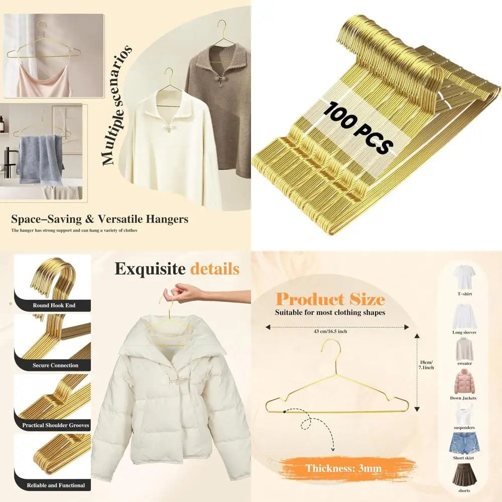 Gold-Tone Stainless Steel Wire Hangers, Pack of 100, 16.5 for Hanging Clothes, Suits, Dresses, Ideal for Closet and Dorm Use
Gold-Tone Stainless Steel Wire Hangers, Pack of 100, 16.5 for Hanging Clothes, Suits, Dresses, Ideal for Closet and Dorm Use