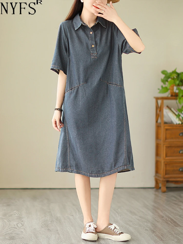 NYFS 2023 Summer New Korea Woman Dress Vestidos Robe Elbise Loose Plus Size Polo Short Sleeve Denim Dresses
NYFS 2023 Summer New Korea Woman Dress Vestidos Robe Elbise Loose Plus Size Polo Short Sleeve Denim Dresses