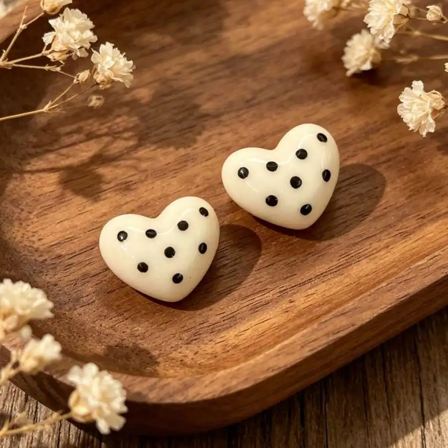 Cream Heart Earrings With Black Polka Dots, Retro Chic Jewelry For Everyday Wear And Special Occasions
Cream Heart Earrings With Black Polka Dots, Retro Chic Jewelry For Everyday Wear And Special Occasions
