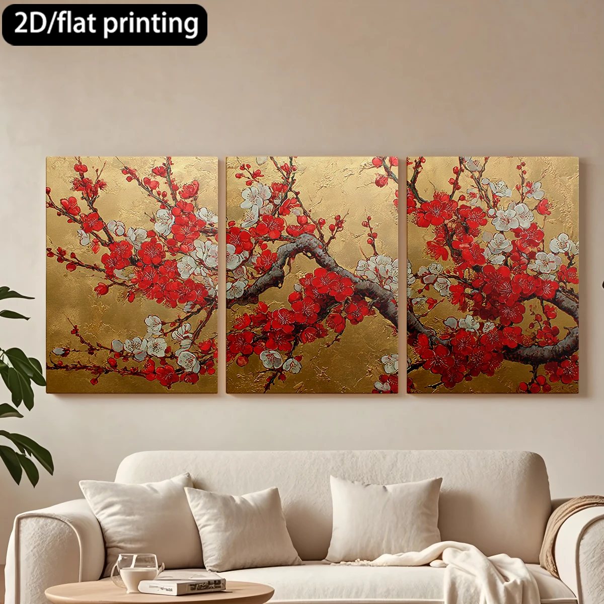 2D flat printing 3pc wooden frame canvas decorative painting Plum blossom painting, golden background.
2D flat printing 3pc wooden frame canvas decorative painting Plum blossom painting, golden background.