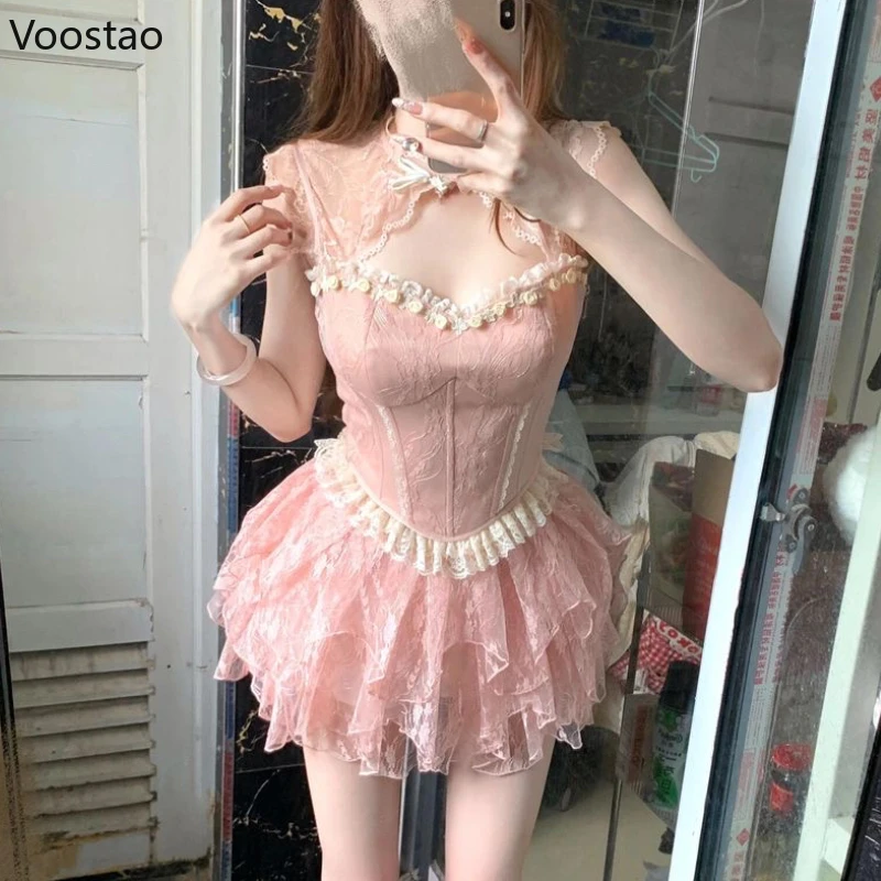 Sweet Lolita Style 2 Piece Set Women Elegant Ruffles Floral Slim Lace Tops Mini Cake Skirt Suits Korean Female Sexy Fairy Outfit
Sweet Lolita Style 2 Piece Set Women Elegant Ruffles Floral Slim Lace Tops Mini Cake Skirt Suits Korean Female Sexy Fairy Outfit