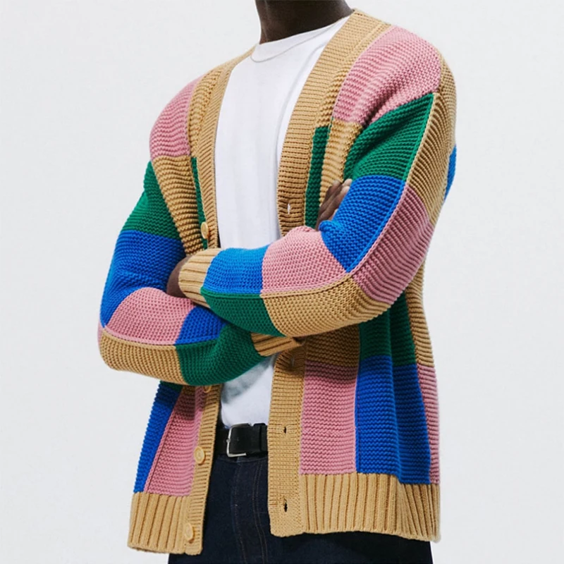 Vintage Patchwork Men Sweater Cardigan Casual Single Breasted V Neck Knit Jacket Autumn Winter Mens Fashion Color Block Sweaters
Vintage Patchwork Men Sweater Cardigan Casual Single Breasted V Neck Knit Jacket Autumn Winter Mens Fashion Color Block Sweaters