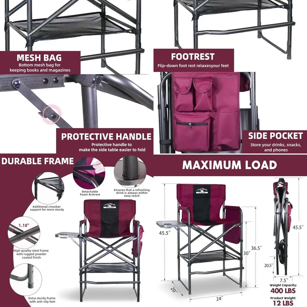 Tall Directors Chair 30" Seat Height, Bar Height Folding Chair with Side Table, Foldable Camping Chair with Side Pocket for Make
Tall Directors Chair 30" Seat Height, Bar Height Folding Chair with Side Table, Foldable Camping Chair with Side Pocket for Make