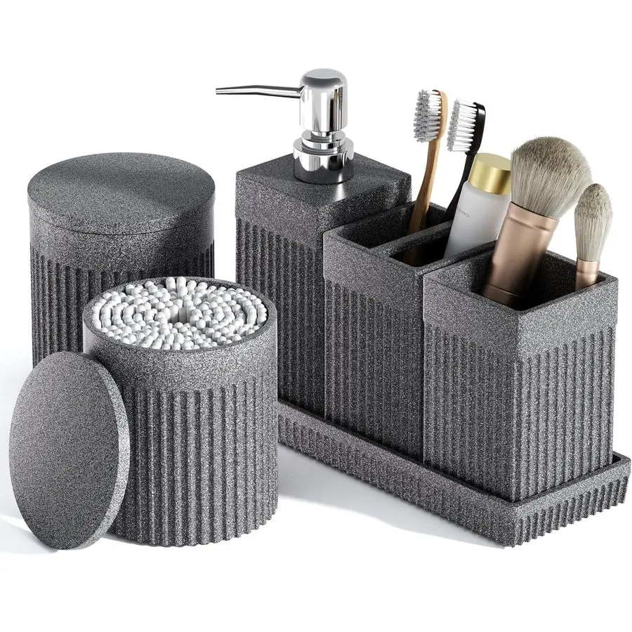 Bathroom Set Grey Stone Textured Resin Bathroom Organizer with Soap Dispenser, Toothbrush Holder, Vanity Tray, Tumbler amp Cotto
Bathroom Set Grey Stone Textured Resin Bathroom Organizer with Soap Dispenser, Toothbrush Holder, Vanity Tray, Tumbler amp Cotto