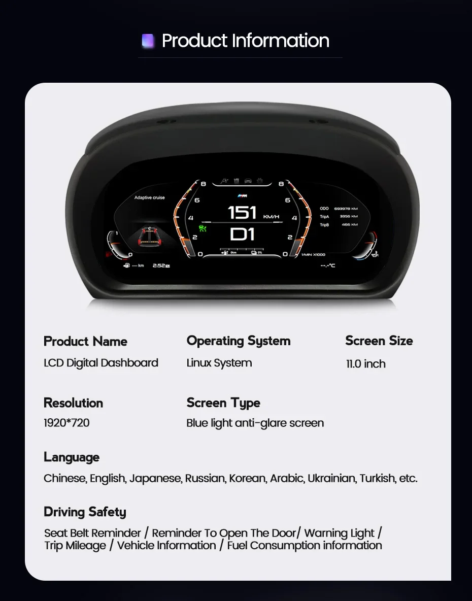 LCD digital instrument cluster for BMW 3 Series E65 E90 E91 E92 E93 2005 2006 2007 2008 2009 2010 2011 2012 Virtual speedometer
LCD digital instrument cluster for BMW 3 Series E65 E90 E91 E92 E93 2005 2006 2007 2008 2009 2010 2011 2012 Virtual speedometer
