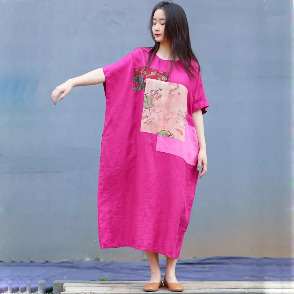 Women Vintage High-end Linen Dress Short-Sleeved Summer Unique Patch O Neck Loose Casual Beach Bright Color Maxi Dress Pocket
Women Vintage High-end Linen Dress Short-Sleeved Summer Unique Patch O Neck Loose Casual Beach Bright Color Maxi Dress Pocket