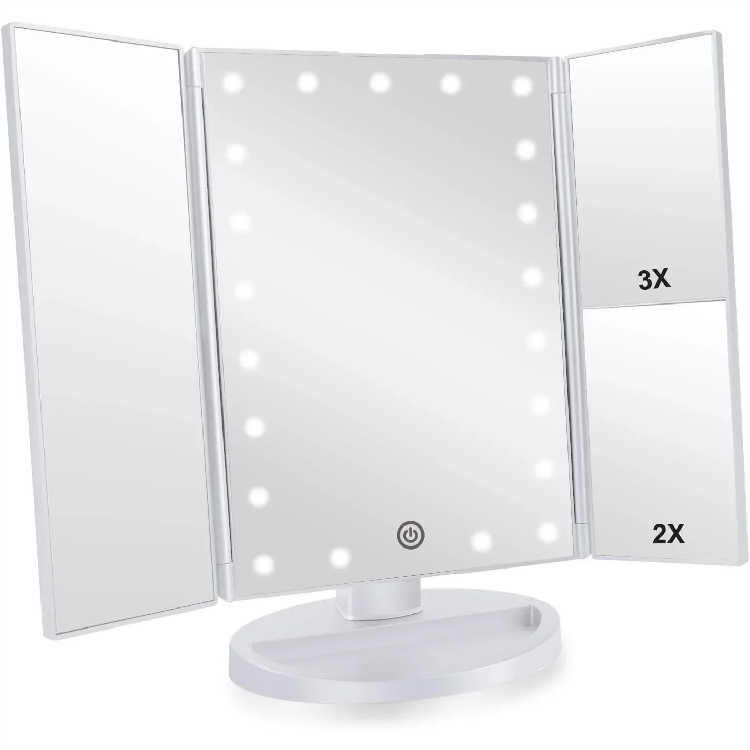 Trifold Makeup Mirror with Lights, 1X 2X 3X Magnification, Touch Control, Adjustable Rotation, Dual Power Supply, Portable
Trifold Makeup Mirror with Lights, 1X 2X 3X Magnification, Touch Control, Adjustable Rotation, Dual Power Supply, Portable