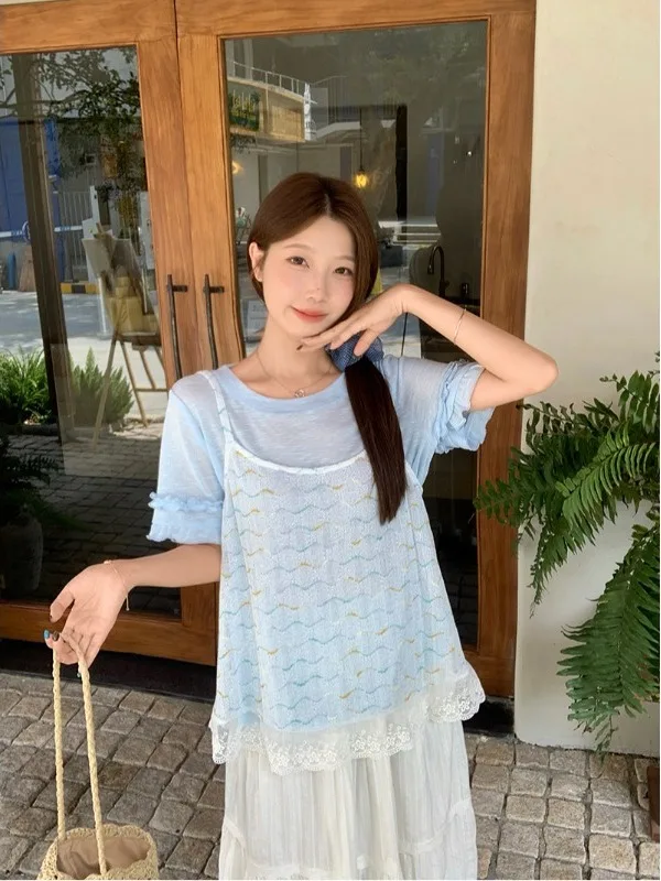 plus Size Women's Fashionable Lace Trimmed Sleeveless Top And Bottom Set Summer Outfit Layering Short Sleeve T-Shirt Two-Piec...
plus Size Women's Fashionable Lace Trimmed Sleeveless Top And Bottom Set Summer Outfit Layering Short Sleeve T-Shirt Two-Piec...