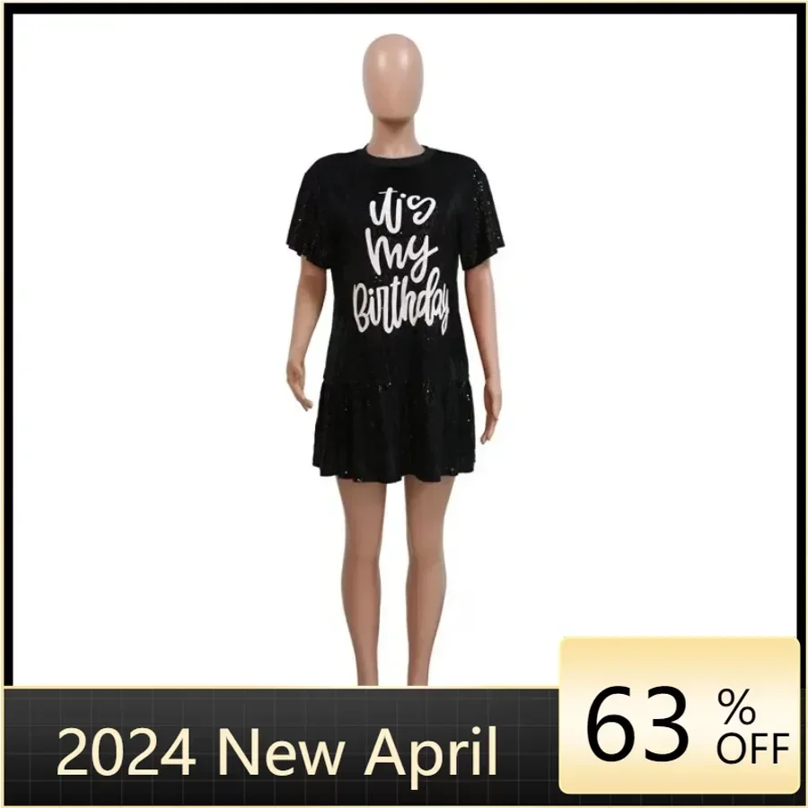 Fashion Sequin Letter Print Party Club Dress Casual Round Neck Short Sleeve Loose Mini Dresses Summer Streetwear 2024
Fashion Sequin Letter Print Party Club Dress Casual Round Neck Short Sleeve Loose Mini Dresses Summer Streetwear 2024