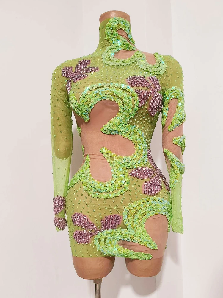 Green Sequin Floral Rhinestone Cutout Mesh Bodycon Mini Dress Women Sexy DJ High Neck Long Sleeve team Competition Stage Costume
Green Sequin Floral Rhinestone Cutout Mesh Bodycon Mini Dress Women Sexy DJ High Neck Long Sleeve team Competition Stage Costume