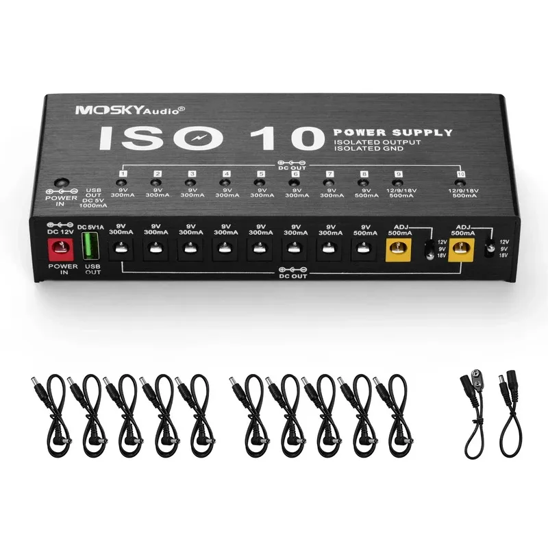 Professional Guitar Power Supply MOSKY ISO-10, 10 Isolated DC Outputs for 9V 12V 18V Pedals, Includes 5V USB Port
Professional Guitar Power Supply MOSKY ISO-10, 10 Isolated DC Outputs for 9V 12V 18V Pedals, Includes 5V USB Port