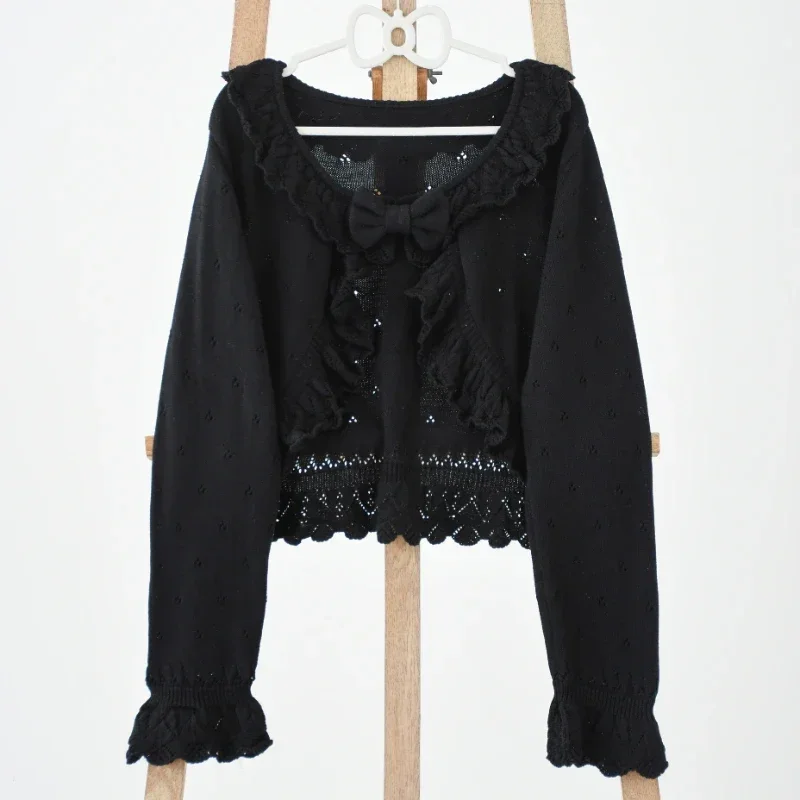 Японский вязаный кардиган в стиле кавайной Лолиты, женский осенне-зимний милый свитер с рюшами и круглым вырезом и бантом, женский милый тонкий короткий топ
Японский вязаный кардиган в стиле кавайной Лолиты, женский осенне-зимний милый свитер с рюшами и круглым вырезом и бантом, женский милый тонкий короткий топ