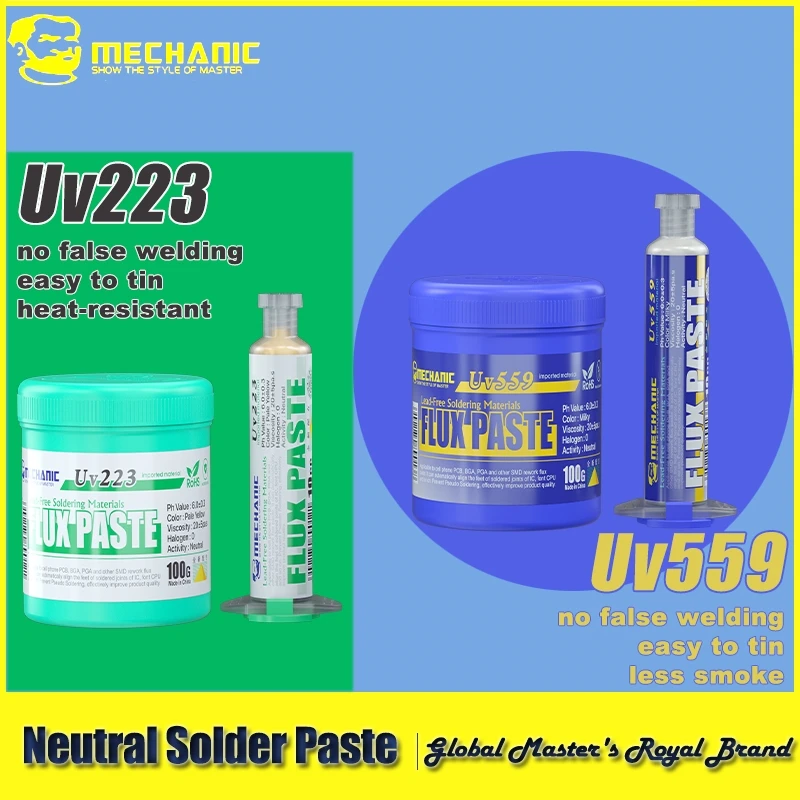 MECHANIC Lead-Free Solder Paste Flux Uv559 Uv223 100g+10cc NO-Clean Soldering Grease Welding Fluxes BGA PCB Repair Tools
MECHANIC Lead-Free Solder Paste Flux Uv559 Uv223 100g+10cc NO-Clean Soldering Grease Welding Fluxes BGA PCB Repair Tools