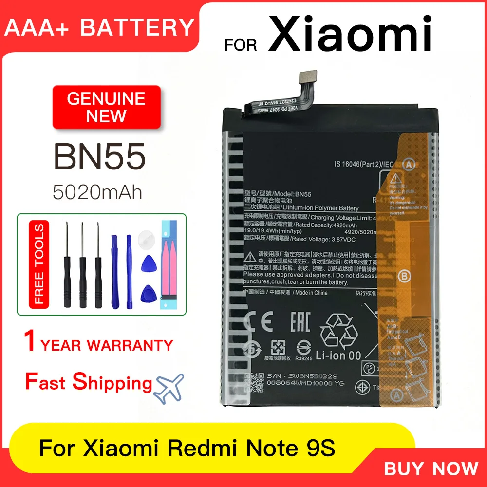 Genuine BN55 5020mAh Battery For Xiaomi Redmi Note 9 S Note 9S Note9S mobile Phone Replacement batteries batteria+Free tools
Genuine BN55 5020mAh Battery For Xiaomi Redmi Note 9 S Note 9S Note9S mobile Phone Replacement batteries batteria+Free tools