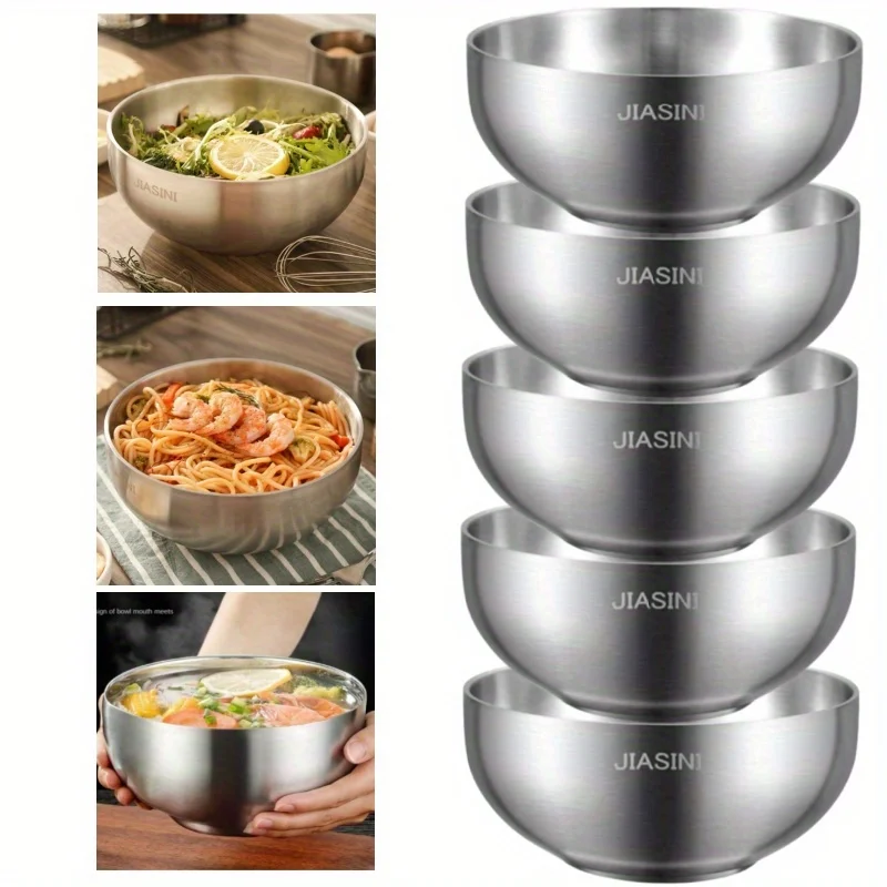 5pcs Stainless Steel Double-Wall Bowls Set, Rust Resistant Round Noodle & Soup Bowls with Large Diameter and Deep Capacity
5pcs Stainless Steel Double-Wall Bowls Set, Rust Resistant Round Noodle & Soup Bowls with Large Diameter and Deep Capacity