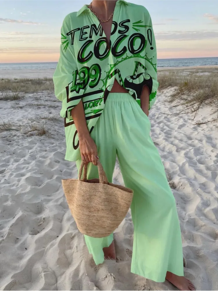 Fashion Print Beach Holiday 2 Piece Set Women Summer Long Sleeve Shirt Top Wide Legs Women's Oversize Two Piece Pant Sets Outfit
Fashion Print Beach Holiday 2 Piece Set Women Summer Long Sleeve Shirt Top Wide Legs Women's Oversize Two Piece Pant Sets Outfit