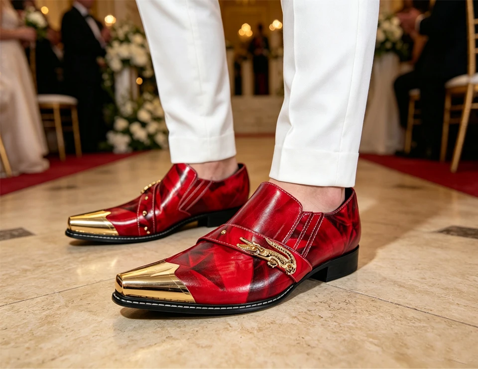 Men's Luxury Red Gold Dress Shoes Metal Pointed Toe Loafers Wedding Party Formal Leather Shoes for Groom Stage Prom Performance
Men's Luxury Red Gold Dress Shoes Metal Pointed Toe Loafers Wedding Party Formal Leather Shoes for Groom Stage Prom Performance
