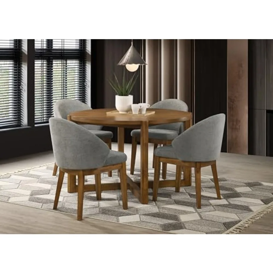 47" 5-Piece Round Dining Set Walnut Finish Table with 4 Light Gray Fabric Upholstered Chairs Mid-Century Modern Cross Sled Base
47" 5-Piece Round Dining Set Walnut Finish Table with 4 Light Gray Fabric Upholstered Chairs Mid-Century Modern Cross Sled Base