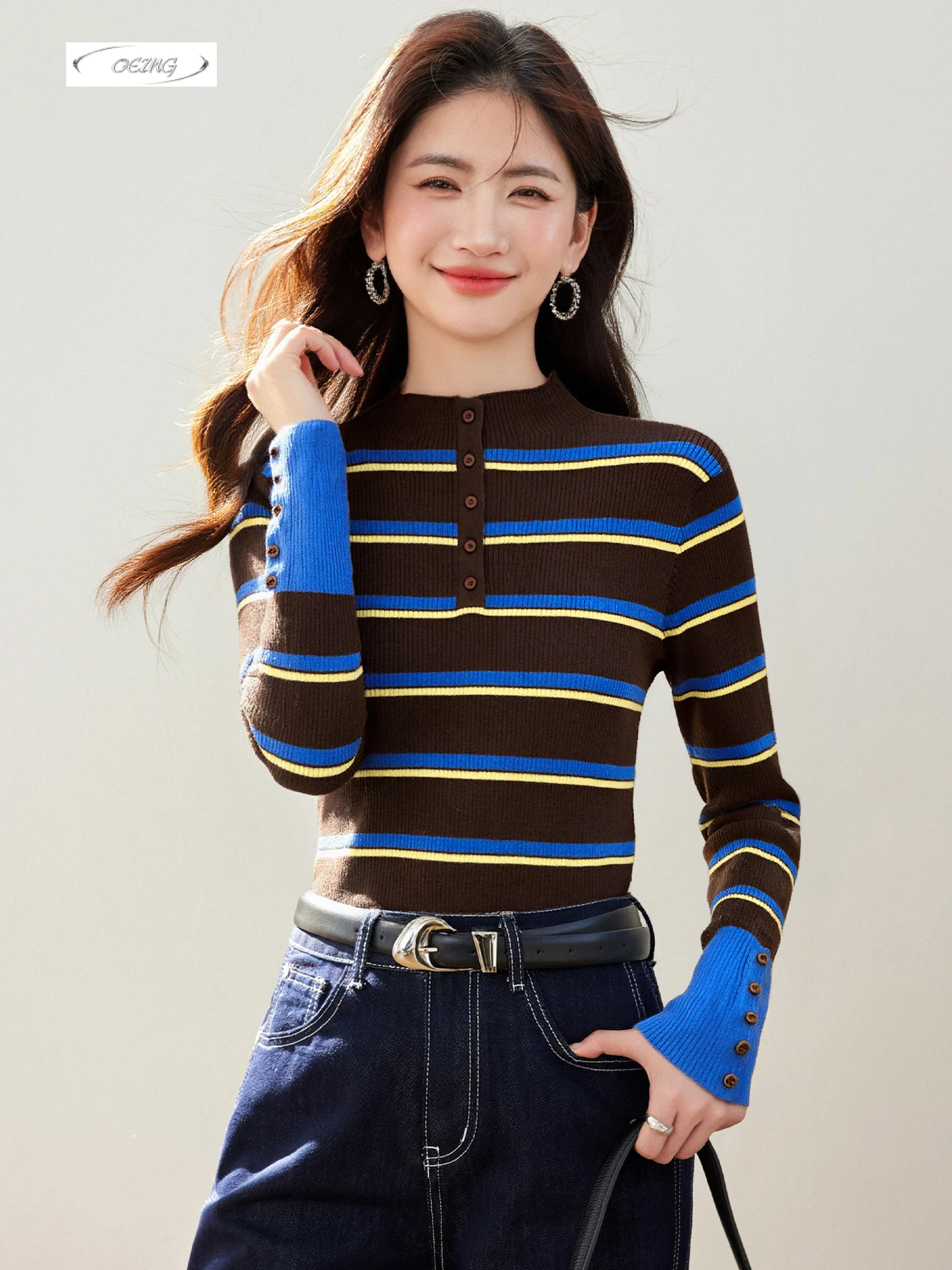 Korean Style Long Sleeve Mock Neck Slim Striped Knitted Sweater for Women Autumn Elegant Button Pullover Bottoming Tops 9712
Korean Style Long Sleeve Mock Neck Slim Striped Knitted Sweater for Women Autumn Elegant Button Pullover Bottoming Tops 9712