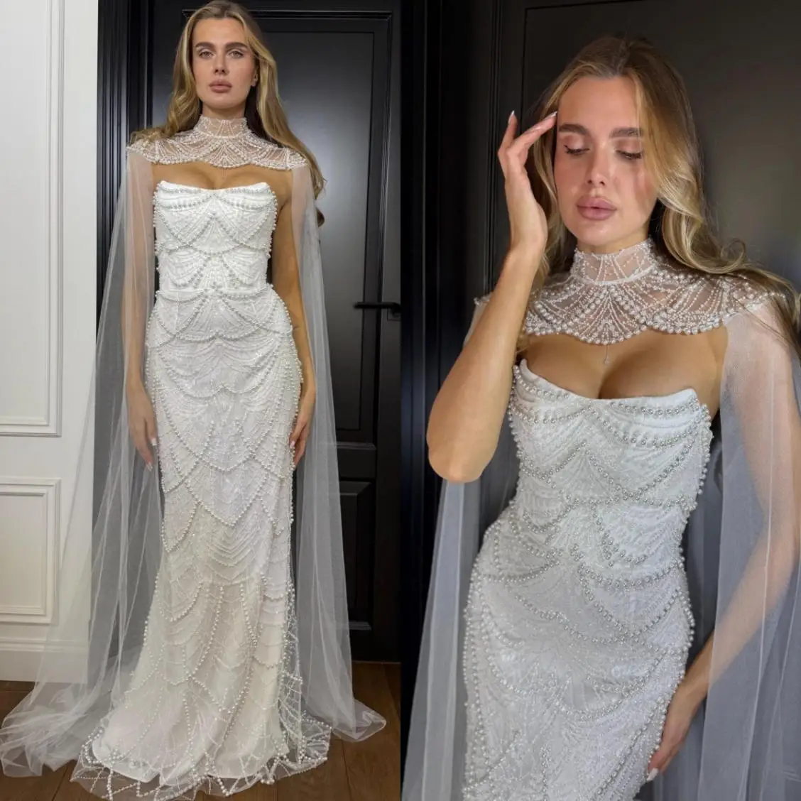 Elegant Mermaid Wedding Dress Strapless Sleeveless Wrap Bridal Gowns Pearls Beaded Sequins Floor Length Dresses Custom Made
Elegant Mermaid Wedding Dress Strapless Sleeveless Wrap Bridal Gowns Pearls Beaded Sequins Floor Length Dresses Custom Made
