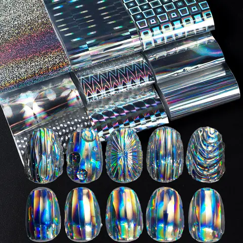 10 pezzi di adesivi per trasferimento in lamina di nail art olografica cromata argento, decorazione per unghie laser aurora geometrica arcobaleno irridescente